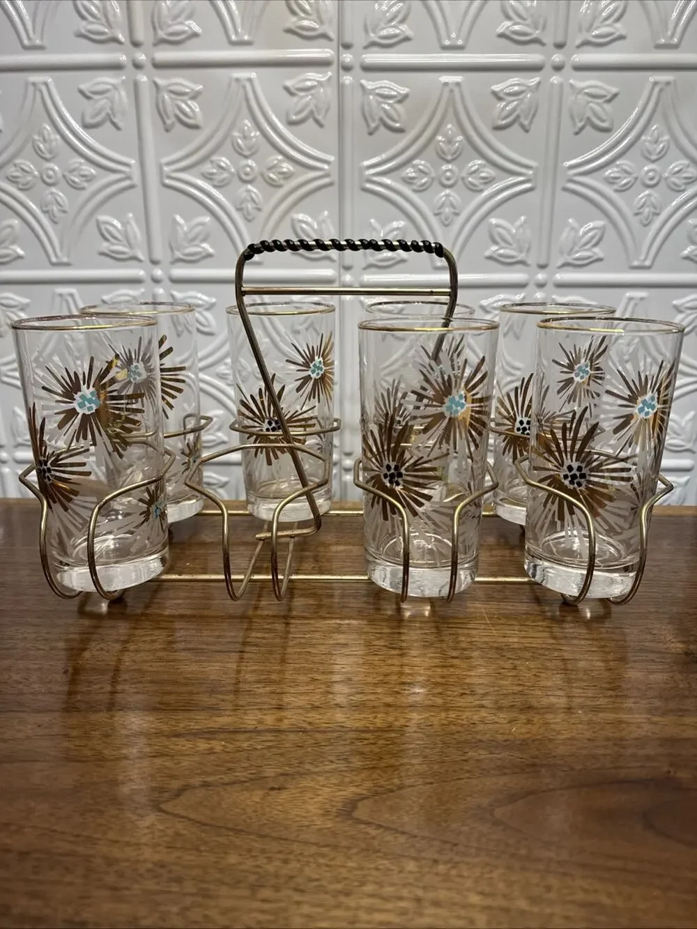 VTG Libbey MCM Party time Atomic Firework Glasses Set Of 7 & Rack Holder